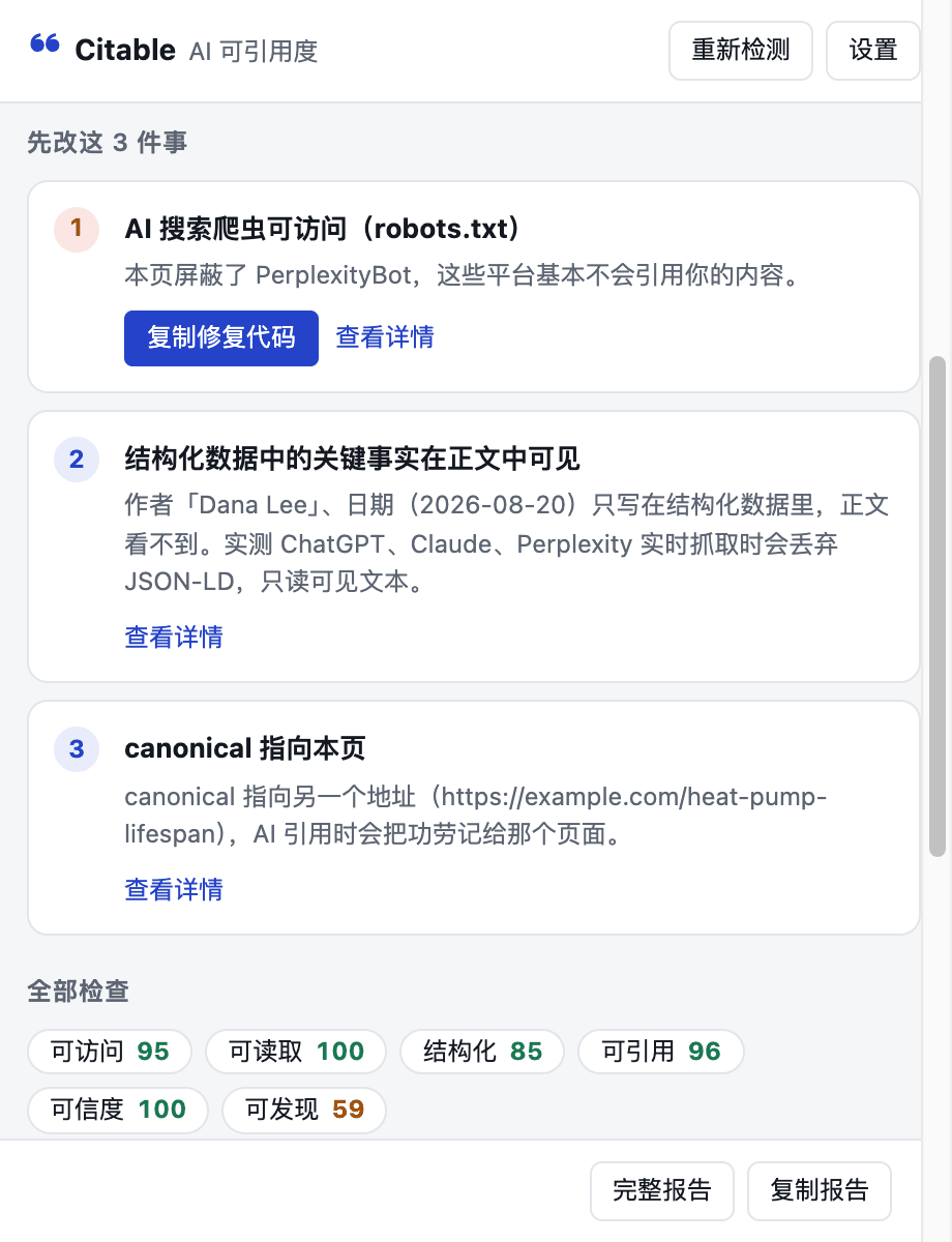 先改这 3 件事：每项带说明和复制修复代码按钮